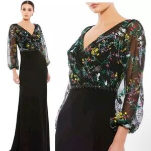 Mac Duggal 79379 Embroidered Mesh Long Sleeve Column Gown Black 14 NEW $498